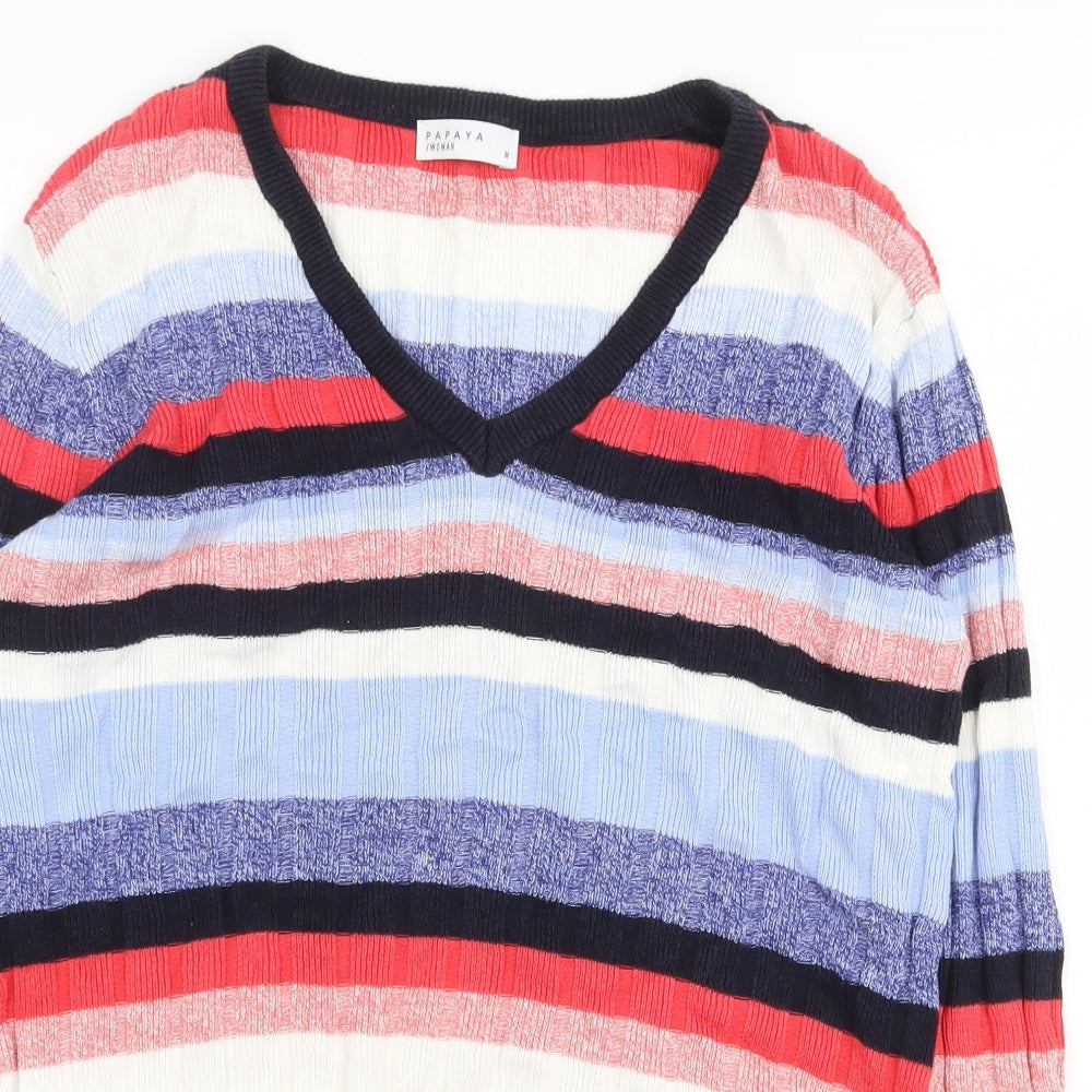 Papaya Womens Multicoloured V-Neck Striped Viscose Pullover Jumper Size M