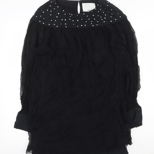 Preworn Womens Black Silk A-Line Size 8 Round Neck Hook & Eye