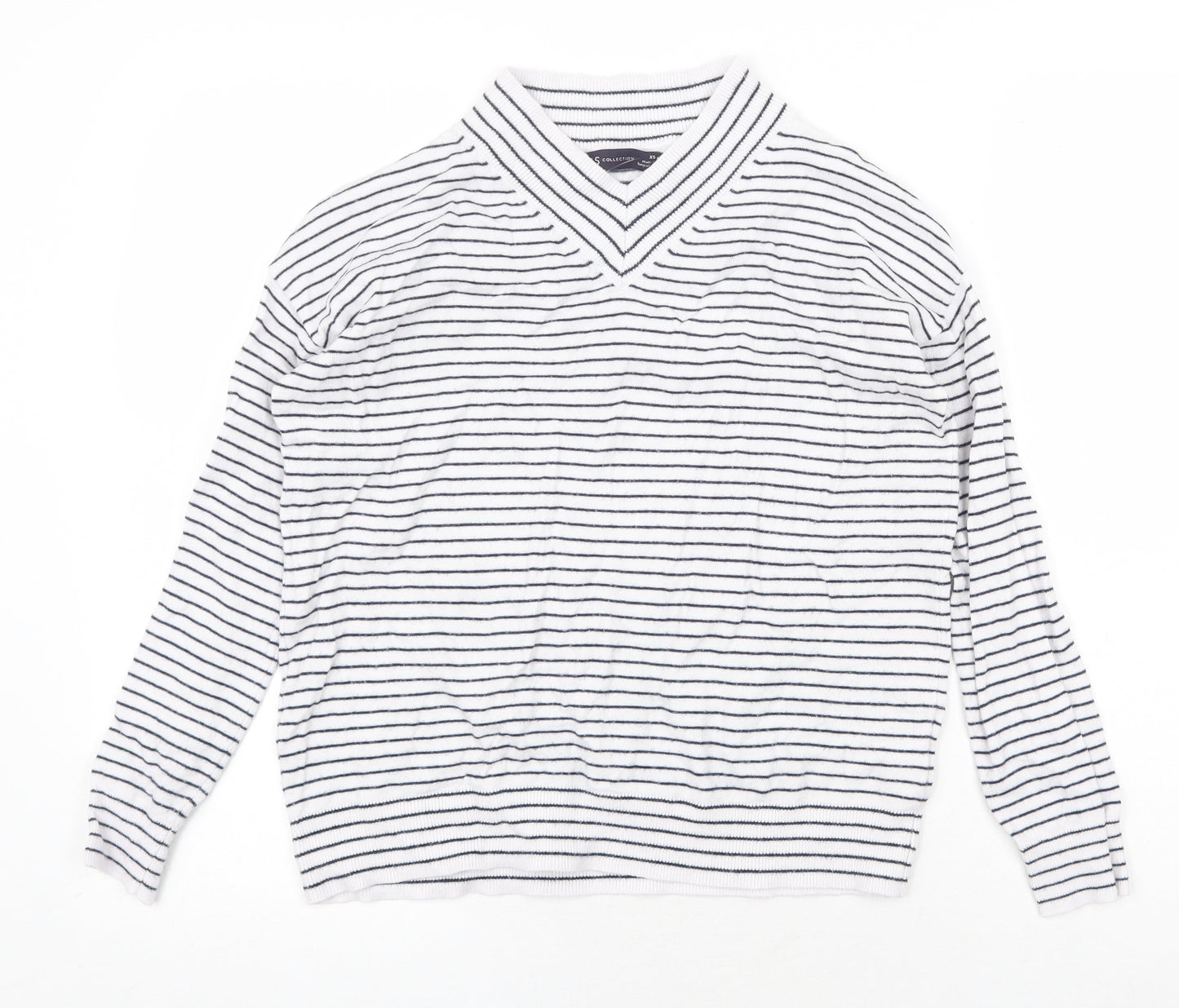 Garfield & Marks Womens White V-Neck Striped Viscose Pullover Jumper Size XS