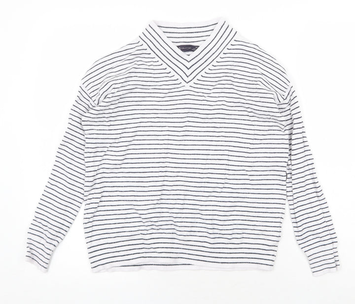 Garfield & Marks Womens White V-Neck Striped Viscose Pullover Jumper Size XS