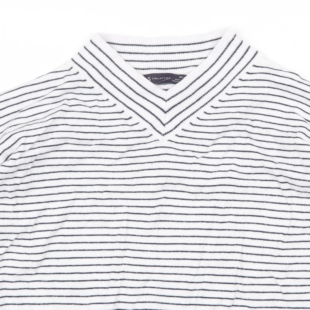 Garfield & Marks Womens White V-Neck Striped Viscose Pullover Jumper Size XS