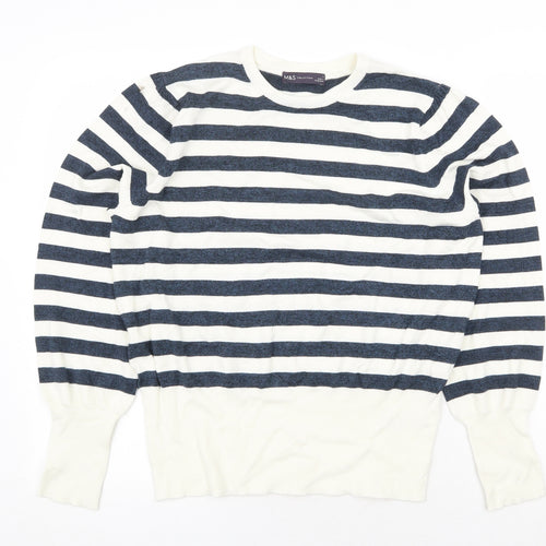 Marks and Spencer Womens White Scoop Neck Striped Viscose Pullover Jumper Size L