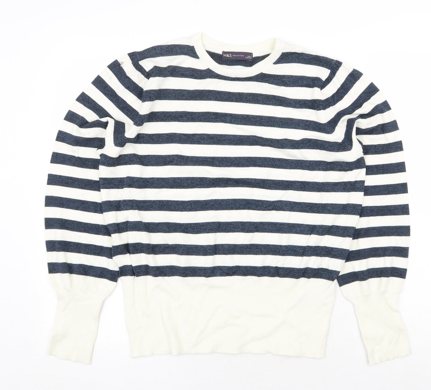 Marks and Spencer Womens White Scoop Neck Striped Viscose Pullover Jumper Size L