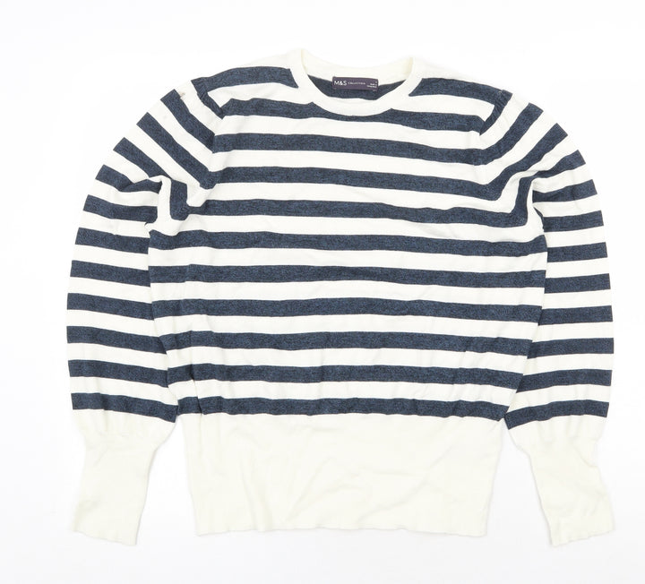 Marks and Spencer Womens White Scoop Neck Striped Viscose Pullover Jumper Size L