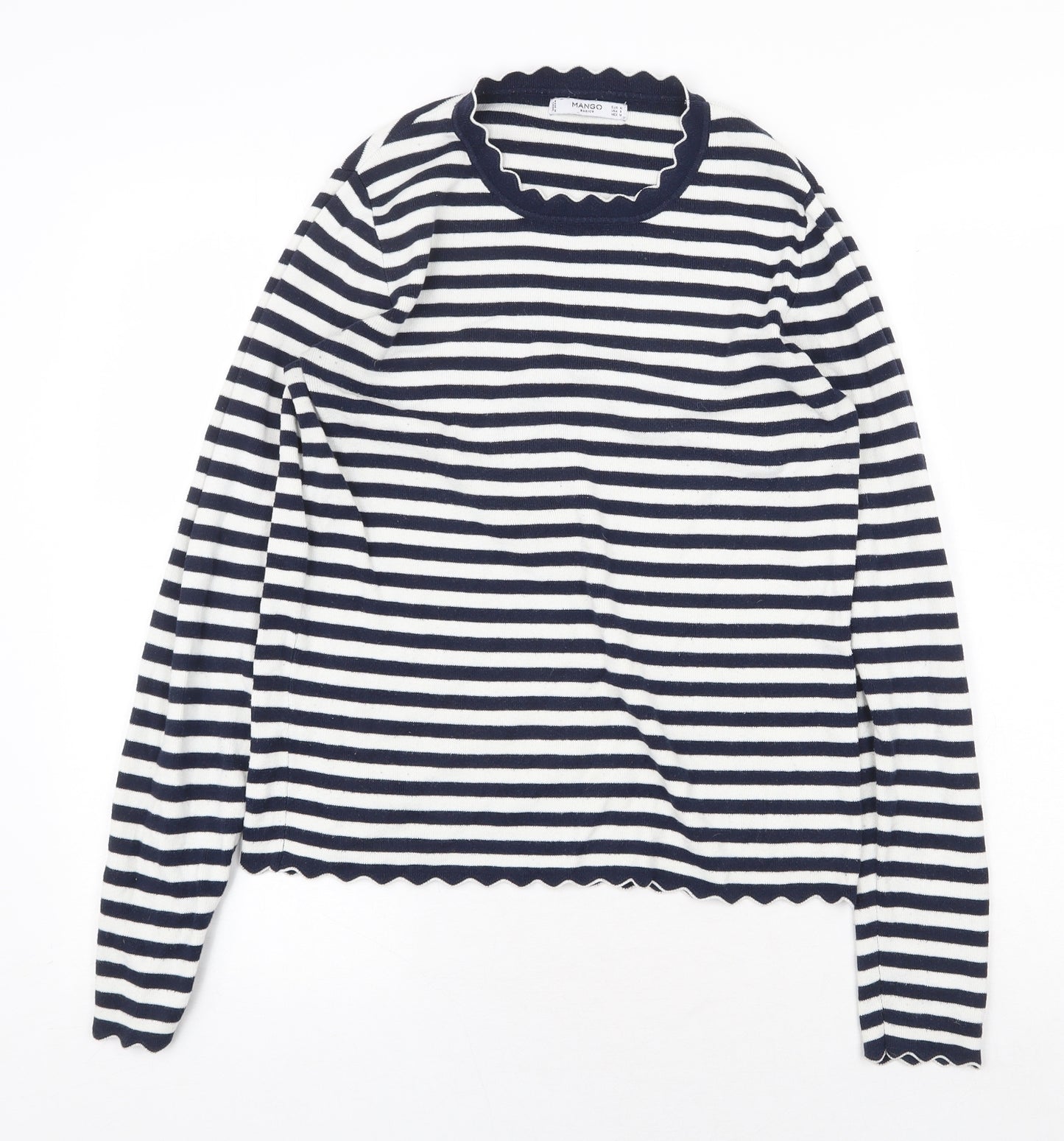 Mango Womens Blue Round Neck Striped Cotton Pullover Jumper Size M