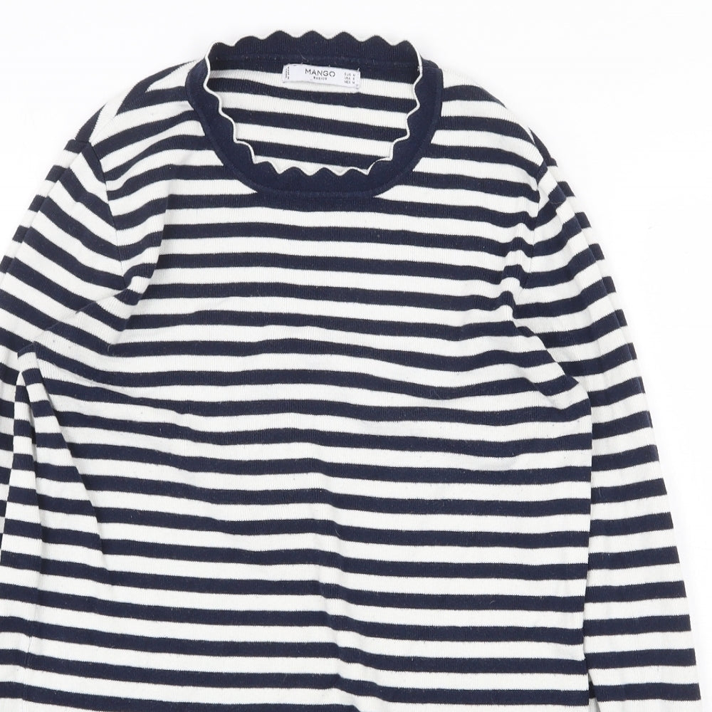 Mango Womens Blue Round Neck Striped Cotton Pullover Jumper Size M
