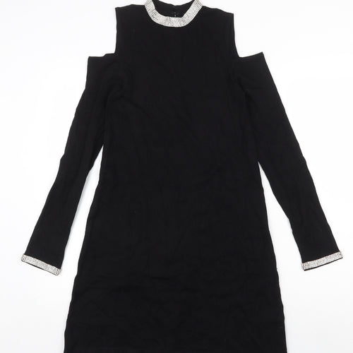 Warehouse Womens Black Viscose A-Line Size 10 Round Neck Hook & Eye - Cold Shoulder
