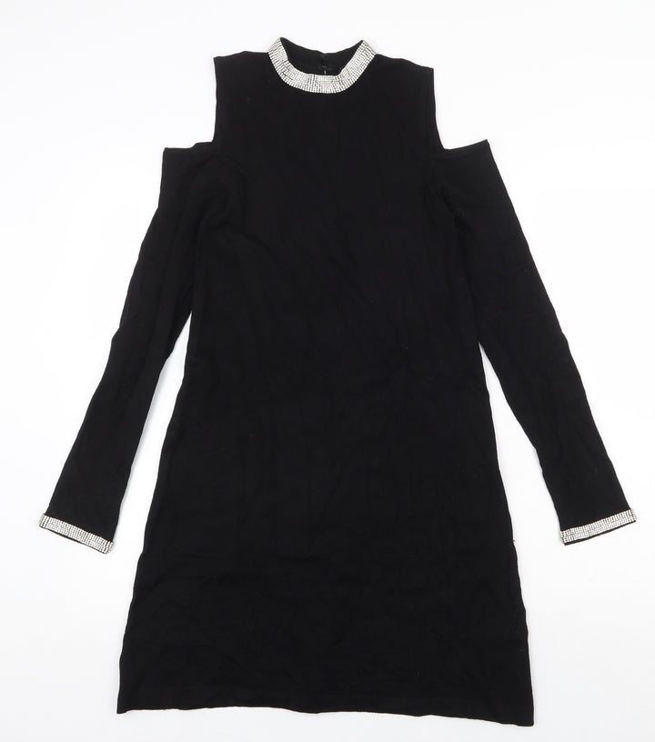 Warehouse Womens Black Viscose A-Line Size 10 Round Neck Hook & Eye - Cold Shoulder
