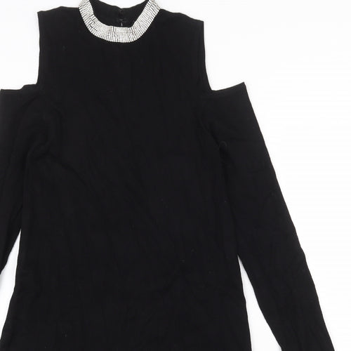 Warehouse Womens Black Viscose A-Line Size 10 Round Neck Hook & Eye - Cold Shoulder