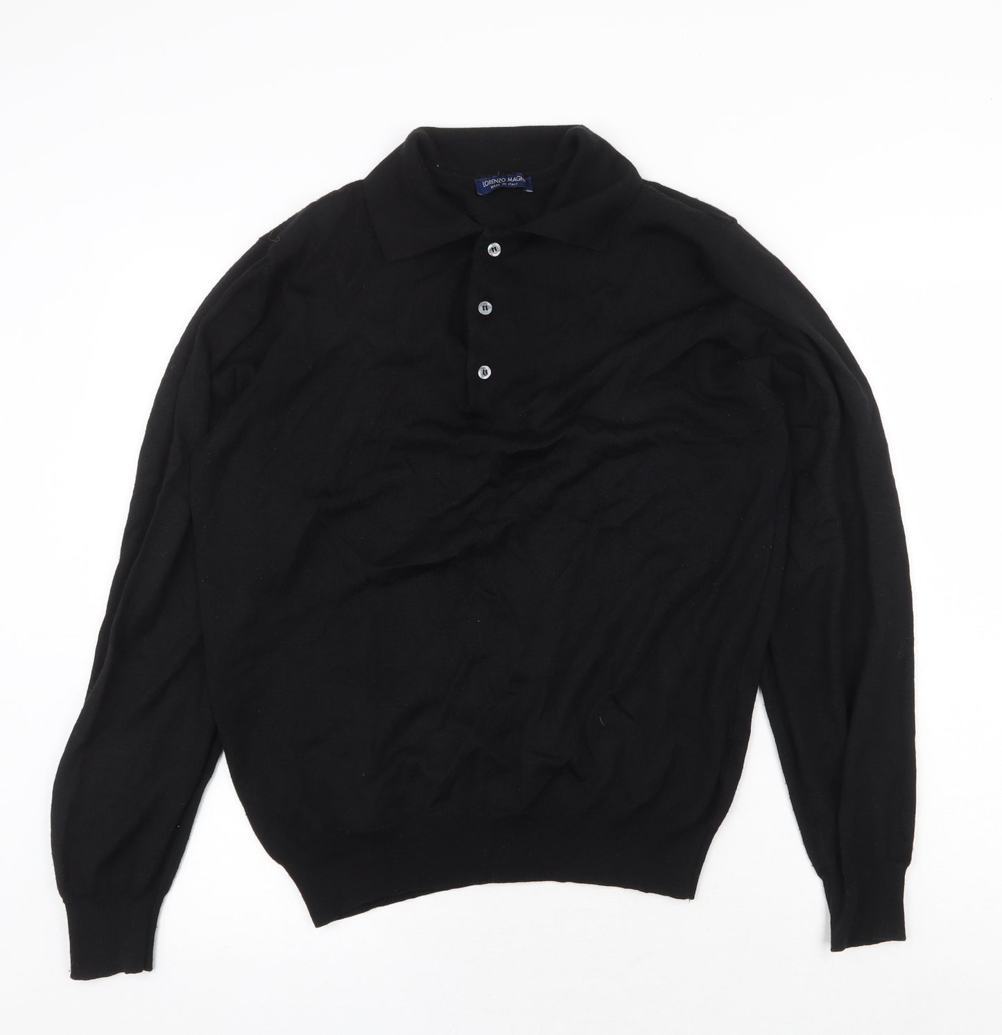 Lorenzo Magni Mens Black Wool Polo Size L Collared Button