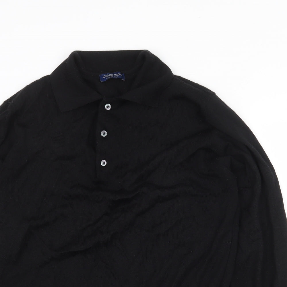 Lorenzo Magni Mens Black Wool Polo Size L Collared Button