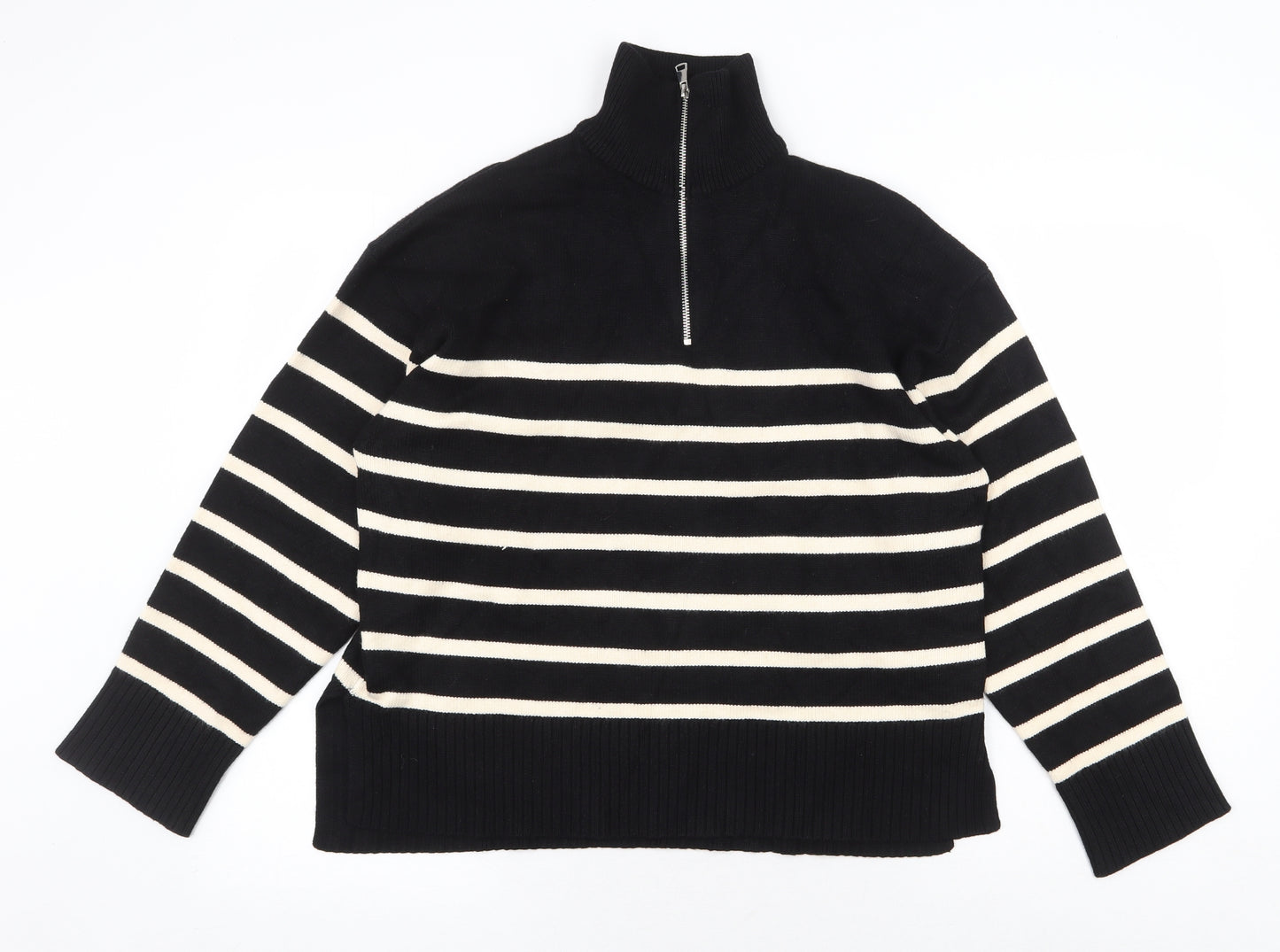 Zara Womens Black High Neck Striped Viscose Pullover Jumper Size S