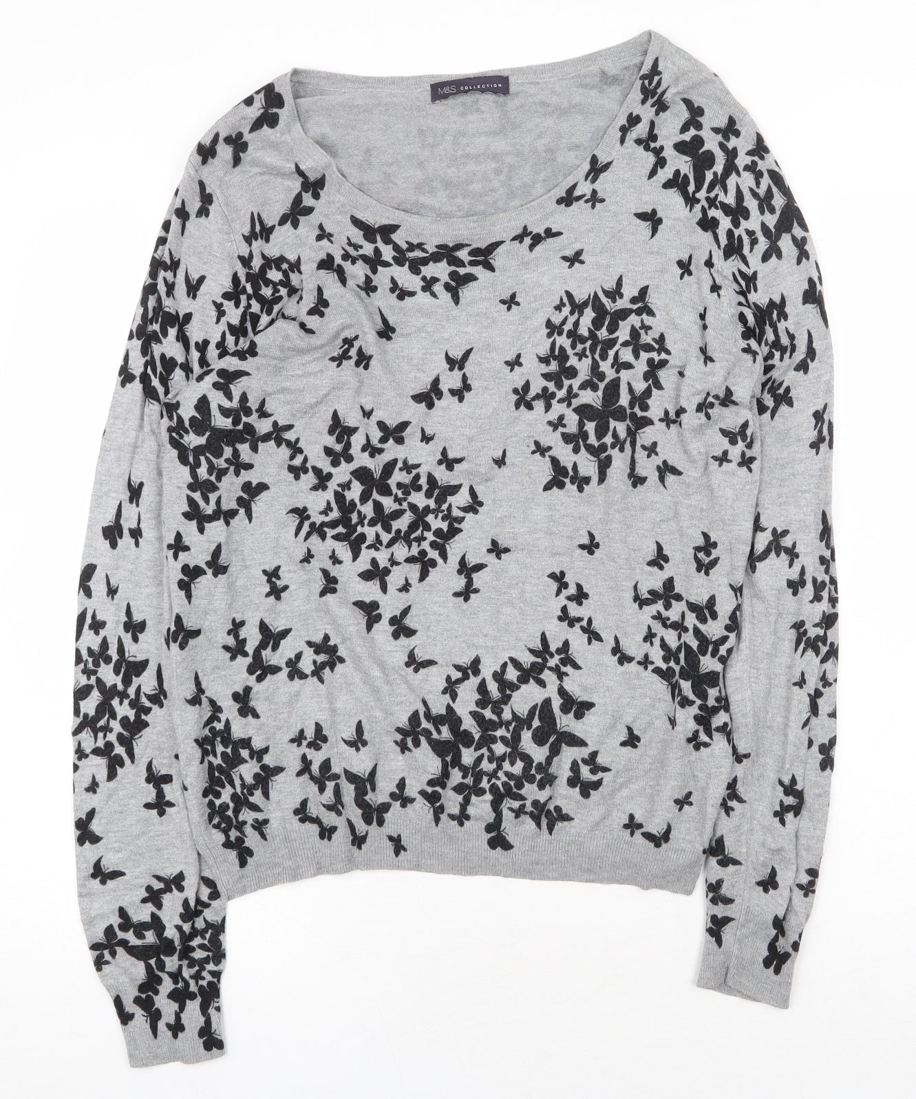 Marks and Spencer Womens Grey Scoop Neck Geometric Viscose Pullover Jumper Size 16 - Butterfly Pattern