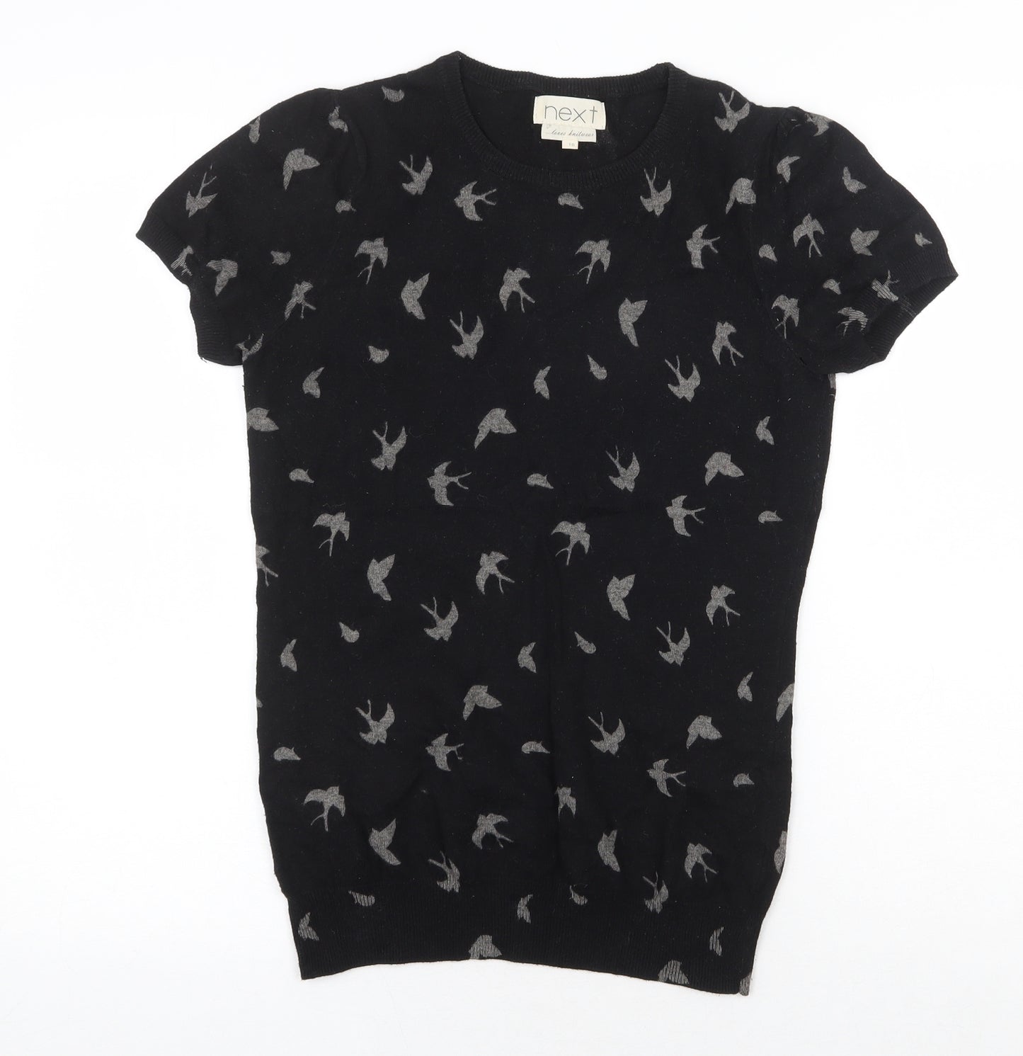 NEXT Womens Black Geometric Cotton Basic T-Shirt Size 10 Round Neck - Bird Pattern