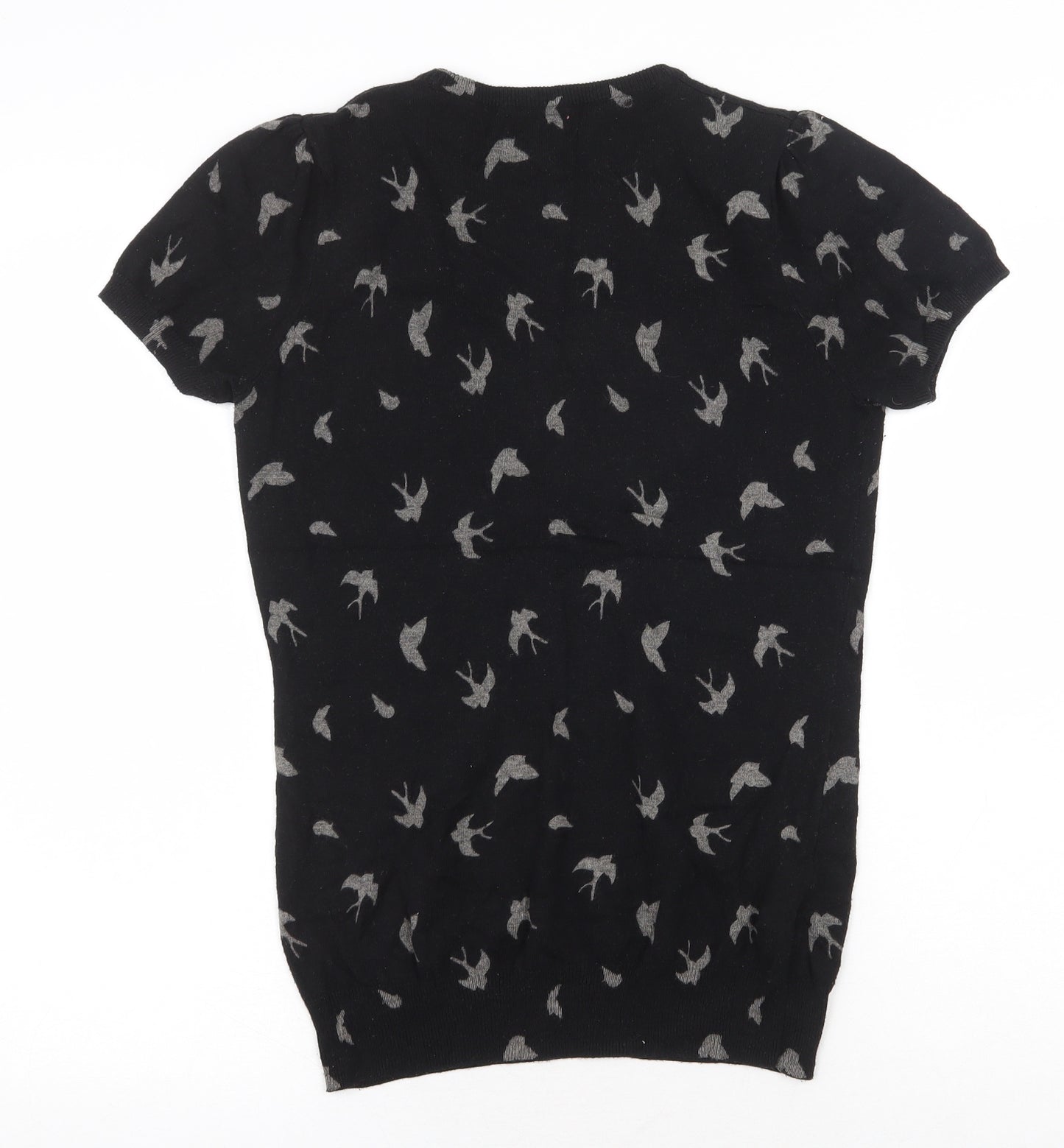 NEXT Womens Black Geometric Cotton Basic T-Shirt Size 10 Round Neck - Bird Pattern