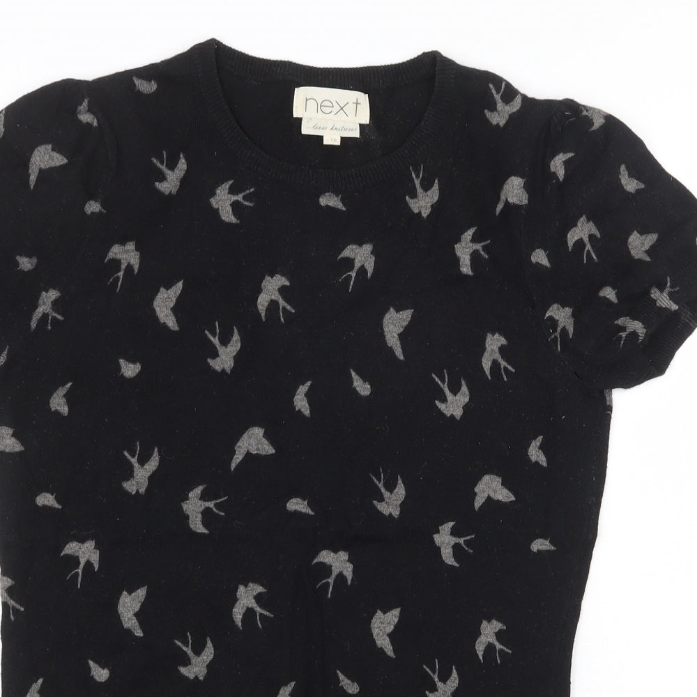 NEXT Womens Black Geometric Cotton Basic T-Shirt Size 10 Round Neck - Bird Pattern