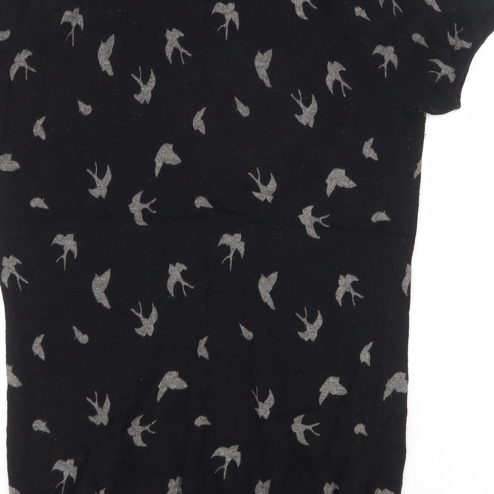 NEXT Womens Black Geometric Cotton Basic T-Shirt Size 10 Round Neck - Bird Pattern
