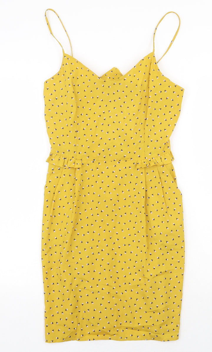 Lush Womens Yellow Floral Polyester Slip Dress Size M V-Neck Zip