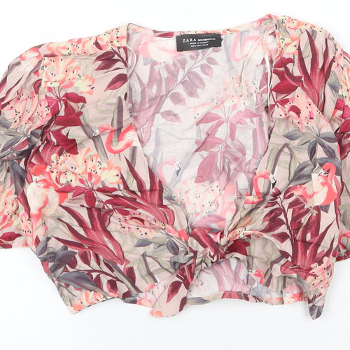 Zara Womens Pink Floral Viscose Basic Blouse Size S V-Neck
