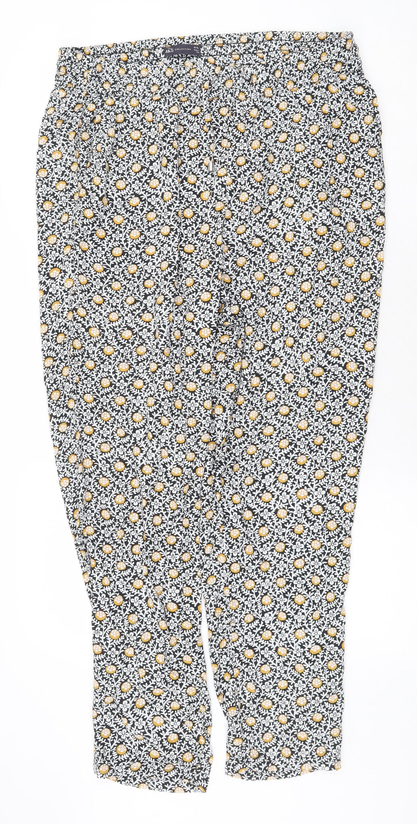 Marks and Spencer Womens Black Geometric Viscose Trousers Size 16 Regular Drawstring