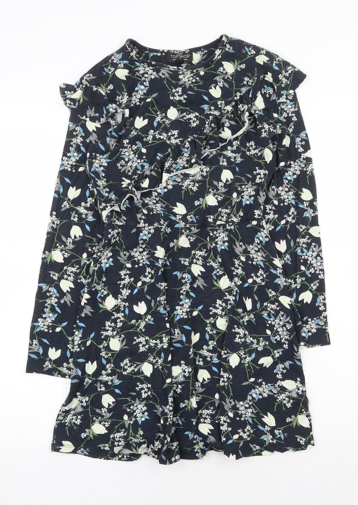 Topshop Womens Blue Floral Viscose A-Line Size 8 Round Neck Pullover