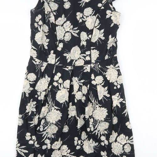 Dorothy Perkins Womens Black Floral Cotton A-Line Size 10 Boat Neck Zip