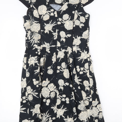 Dorothy Perkins Womens Black Floral Cotton A-Line Size 10 Boat Neck Zip