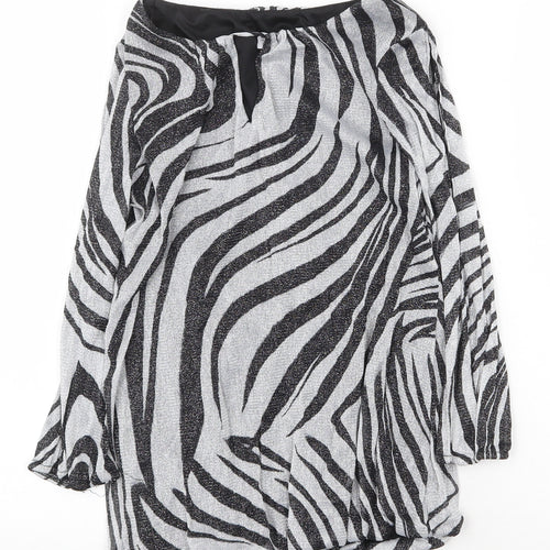 Preworn Womens Silver Animal Print Polyester Basic Blouse Size 8 Boat Neck