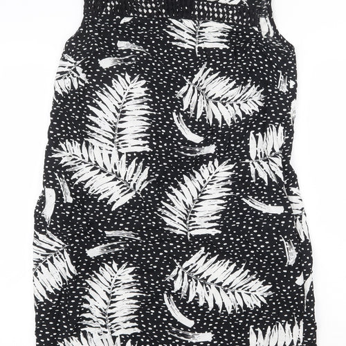 Capsule Womens Black Geometric Viscose Shift Size 10 Boat Neck Button - Leaf Pattern