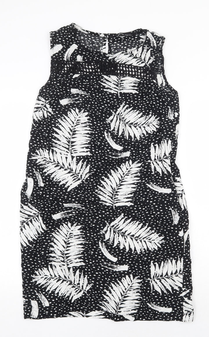 Capsule Womens Black Geometric Viscose Shift Size 10 Boat Neck Button - Leaf Pattern