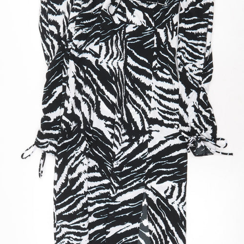 Topshop Womens Black Animal Print Polyester A-Line Size 8 V-Neck Tie - Zebra Print