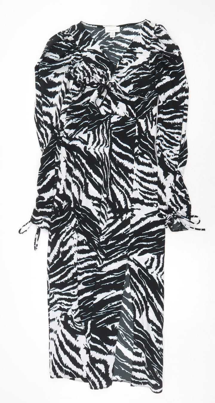 Topshop Womens Black Animal Print Polyester A-Line Size 8 V-Neck Tie - Zebra Print