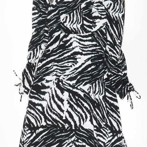 Topshop Womens Black Animal Print Polyester A-Line Size 8 V-Neck Tie - Zebra Print