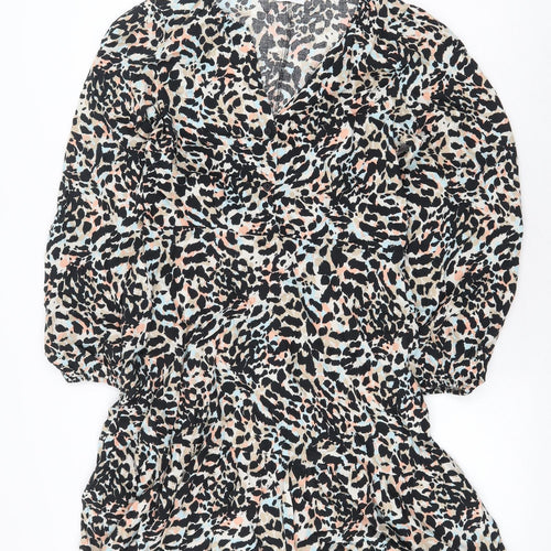 Papaya Womens Black Animal Print Viscose A-Line Size 10 V-Neck Pullover
