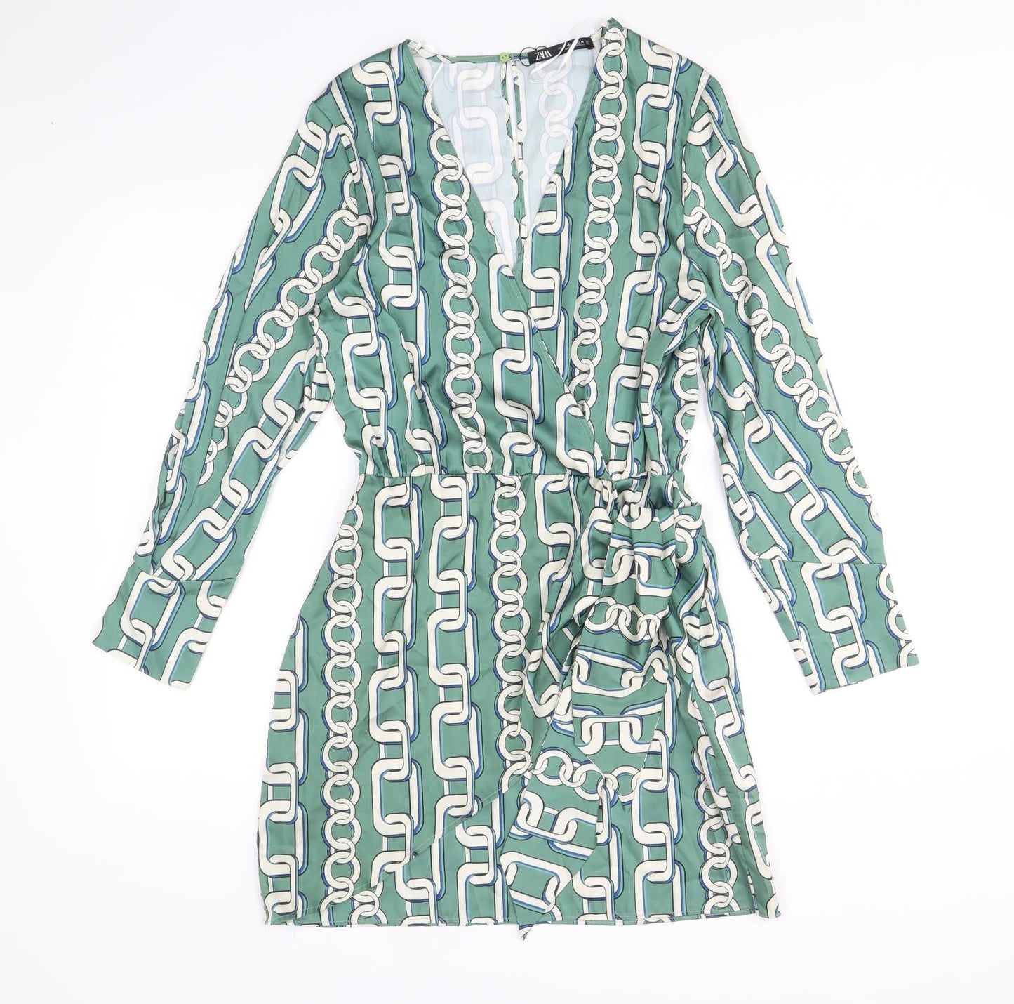 Zara Womens Green Geometric Polyester Wrap Dress Size M V-Neck Button