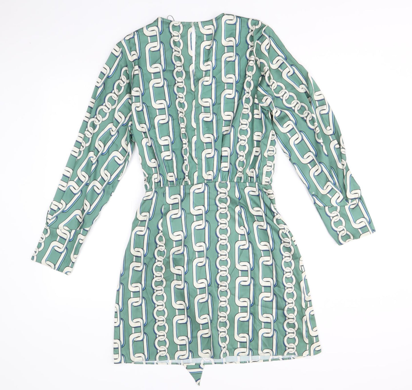 Zara Womens Green Geometric Polyester Wrap Dress Size M V-Neck Button