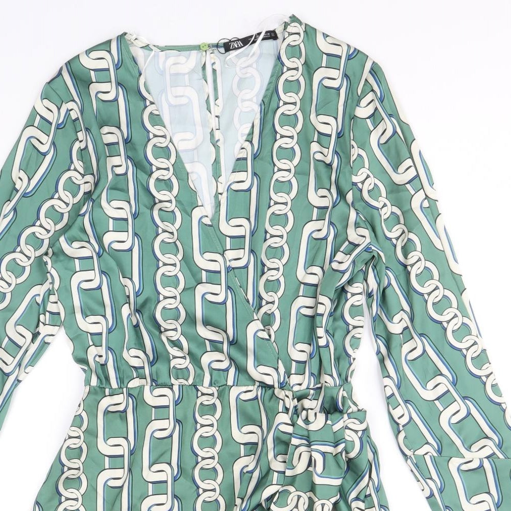 Zara Womens Green Geometric Polyester Wrap Dress Size M V-Neck Button