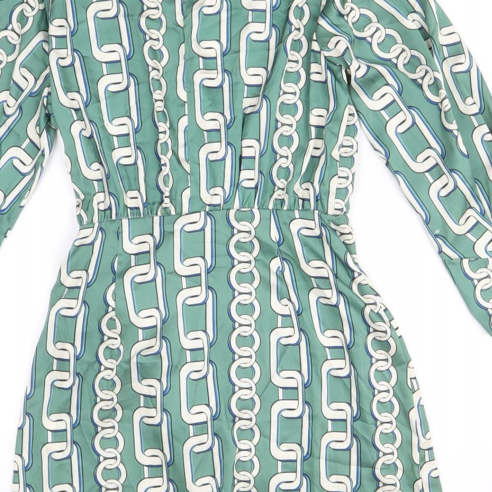 Zara Womens Green Geometric Polyester Wrap Dress Size M V-Neck Button