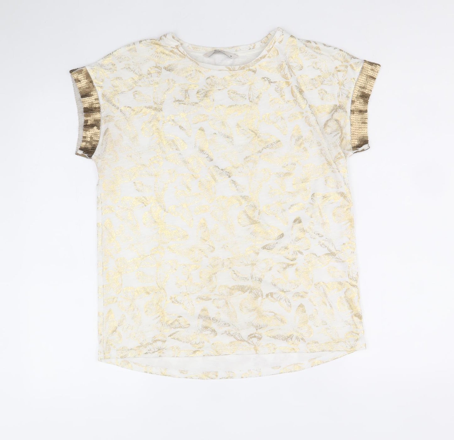 TU Womens Gold Geometric Polyester Basic T-Shirt Size 10 Round Neck - Butterfly Print