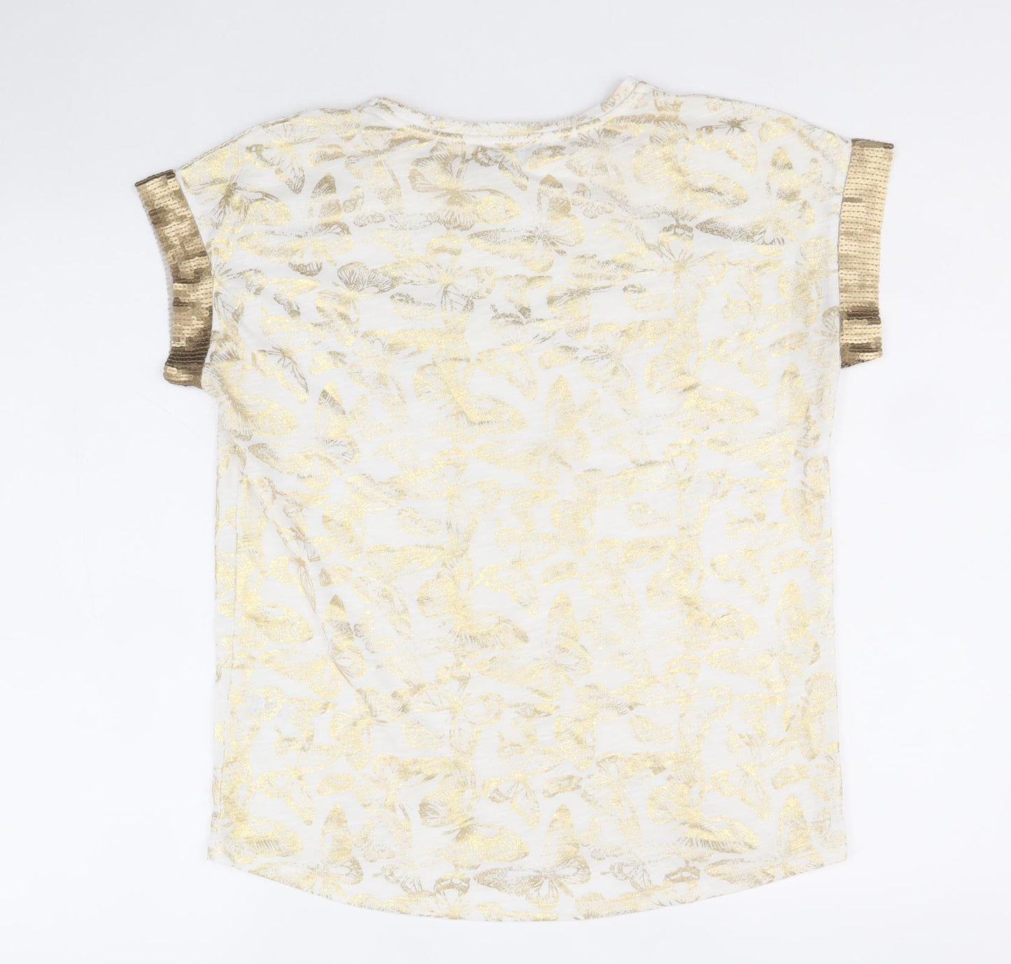TU Womens Gold Geometric Polyester Basic T-Shirt Size 10 Round Neck - Butterfly Print
