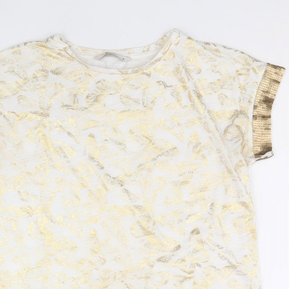 TU Womens Gold Geometric Polyester Basic T-Shirt Size 10 Round Neck - Butterfly Print