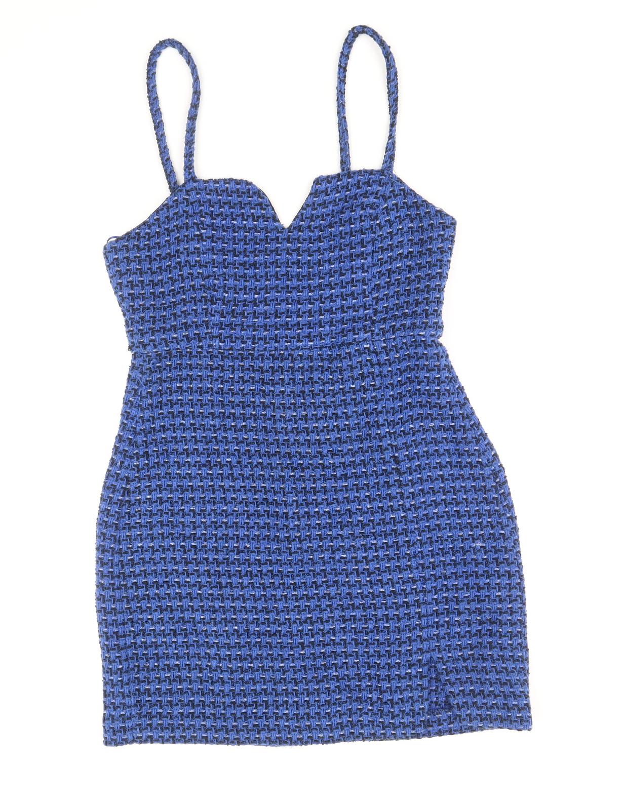 Zara Womens Blue Geometric Cotton Shift Size M V-Neck Zip