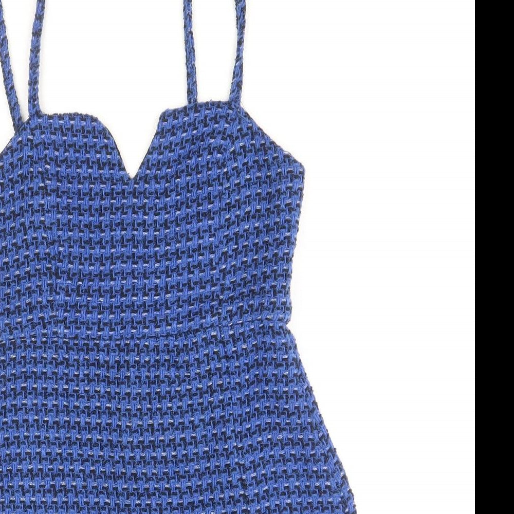 Zara Womens Blue Geometric Cotton Shift Size M V-Neck Zip