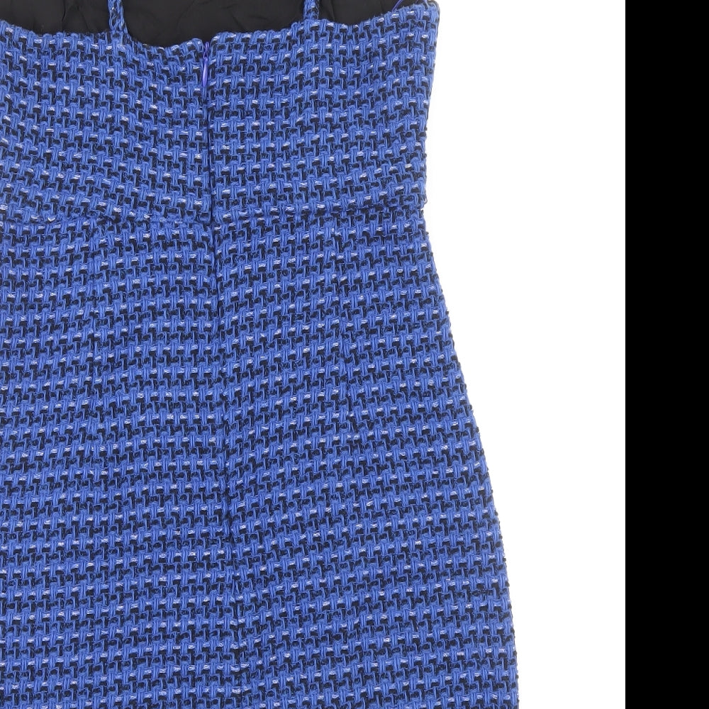 Zara Womens Blue Geometric Cotton Shift Size M V-Neck Zip