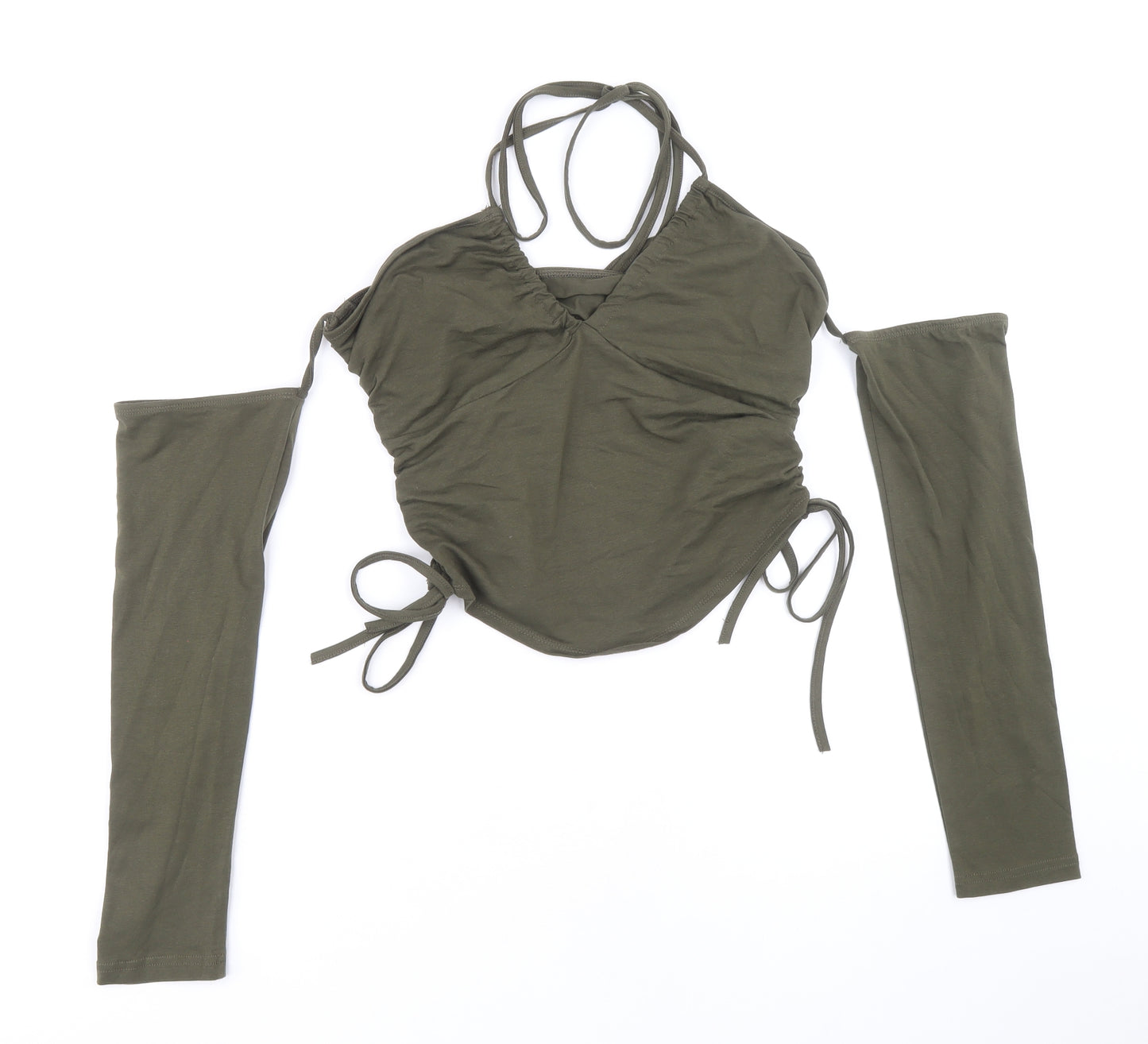 SheIn Womens Green Cotton Cropped Blouse Size L Halter - Cold Shoulder Ruched