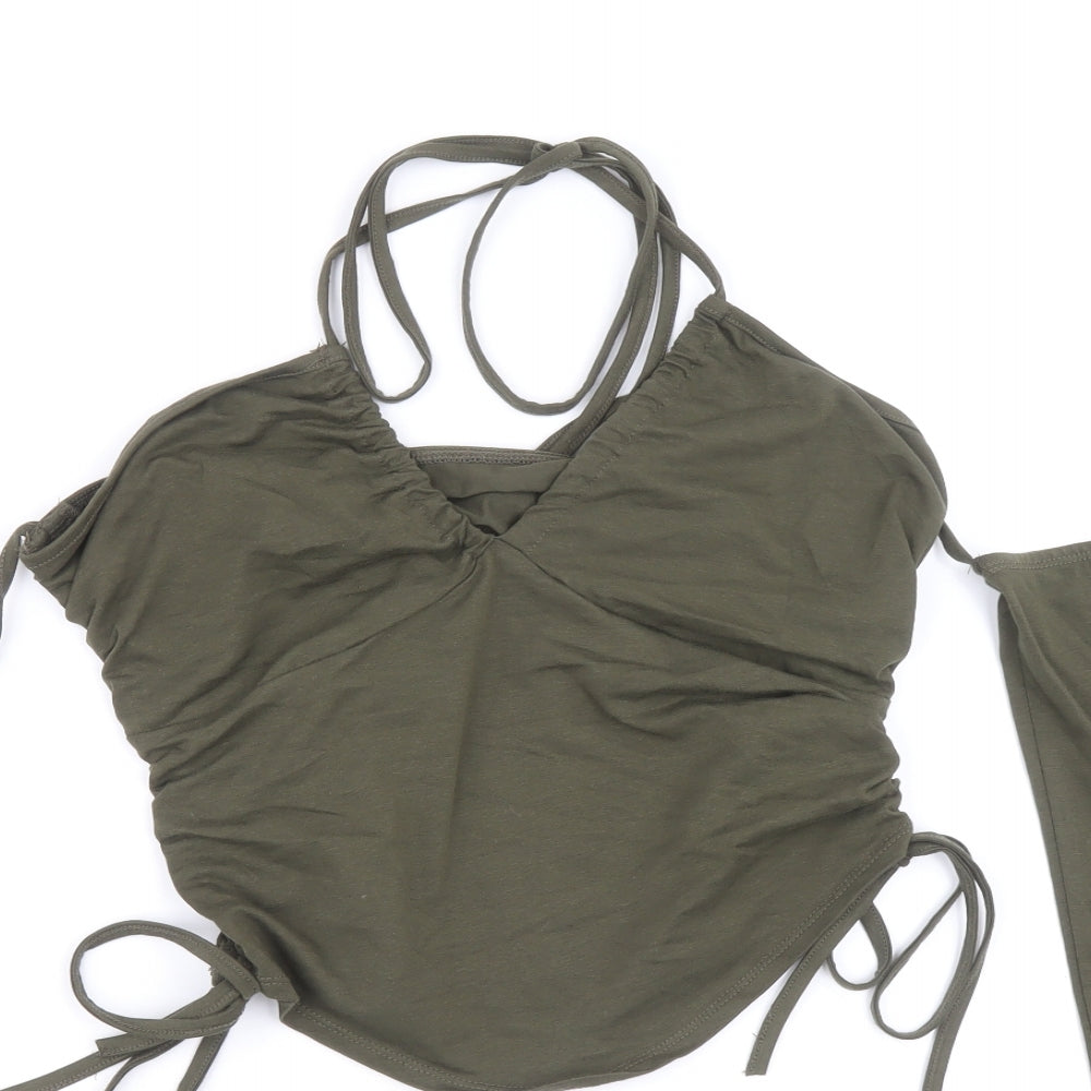 SheIn Womens Green Cotton Cropped Blouse Size L Halter - Cold Shoulder Ruched