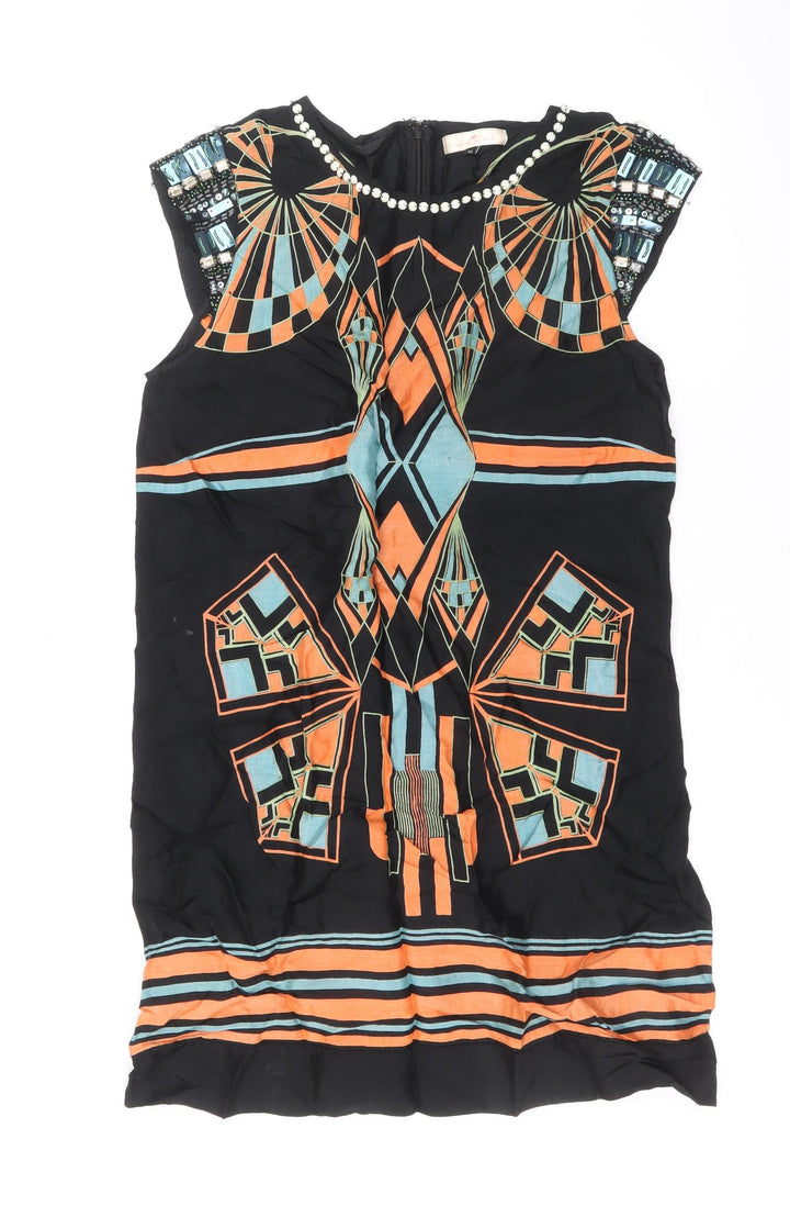 River Island Womens Multicoloured Geometric Viscose A-Line Size 12 Round Neck Zip