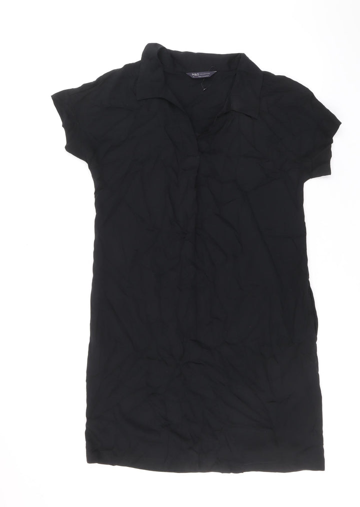 Marks and Spencer Womens Black Viscose Shirt Dress Size 10 V-Neck Pullover