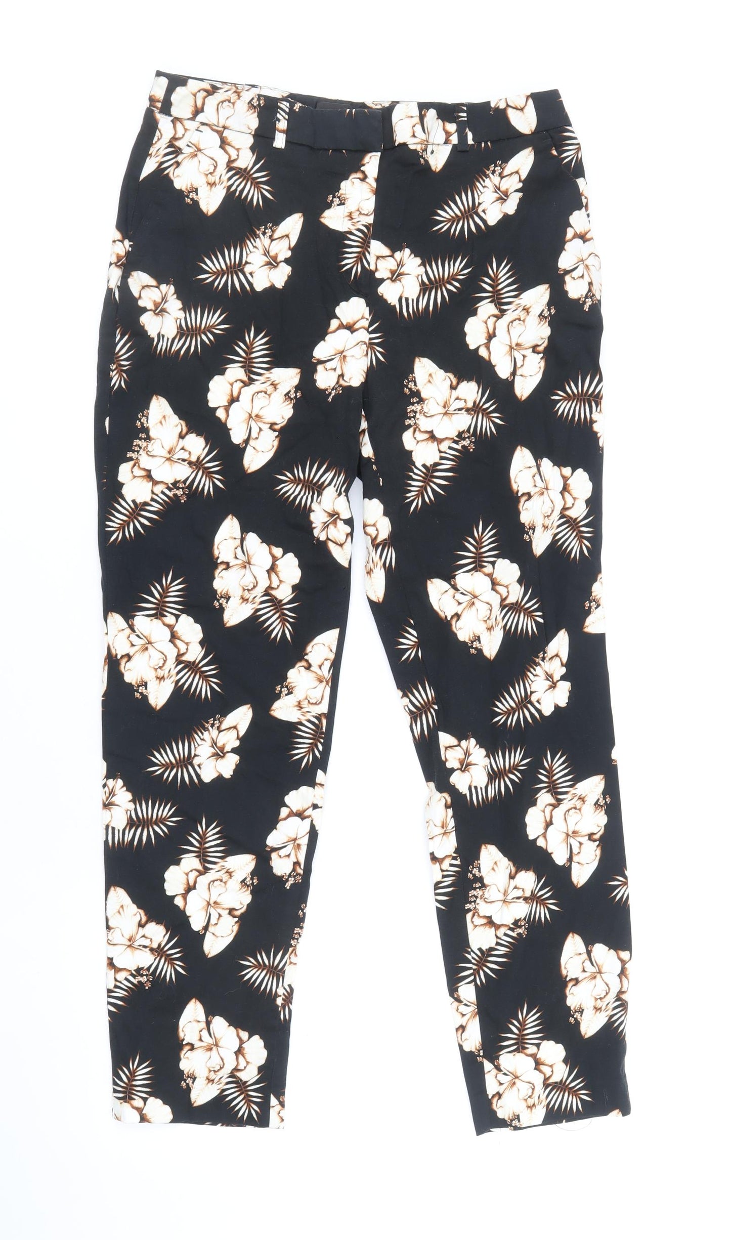 Dorothy Perkins Womens Black Floral Cotton Trousers Size 8 Regular Zip