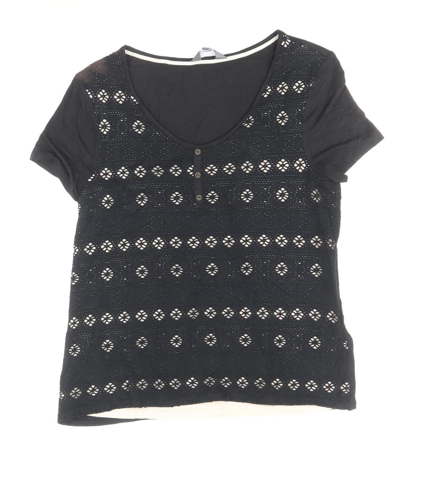 Per Una Womens Black Geometric Cotton Basic T-Shirt Size 14 Scoop Neck